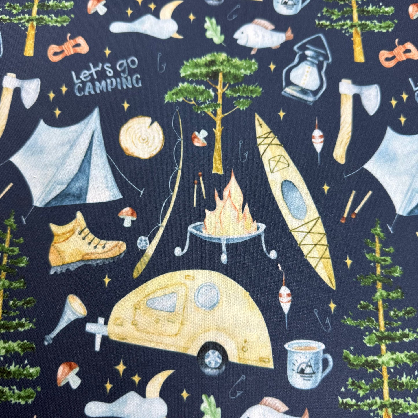 Let's Go Camping on 1 mil PUL Fabric - Made in the USA
