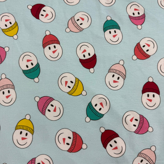 Snowmen in Hats on Blue Bamboo/Spandex Jersey Fabric - Printed in the USA
