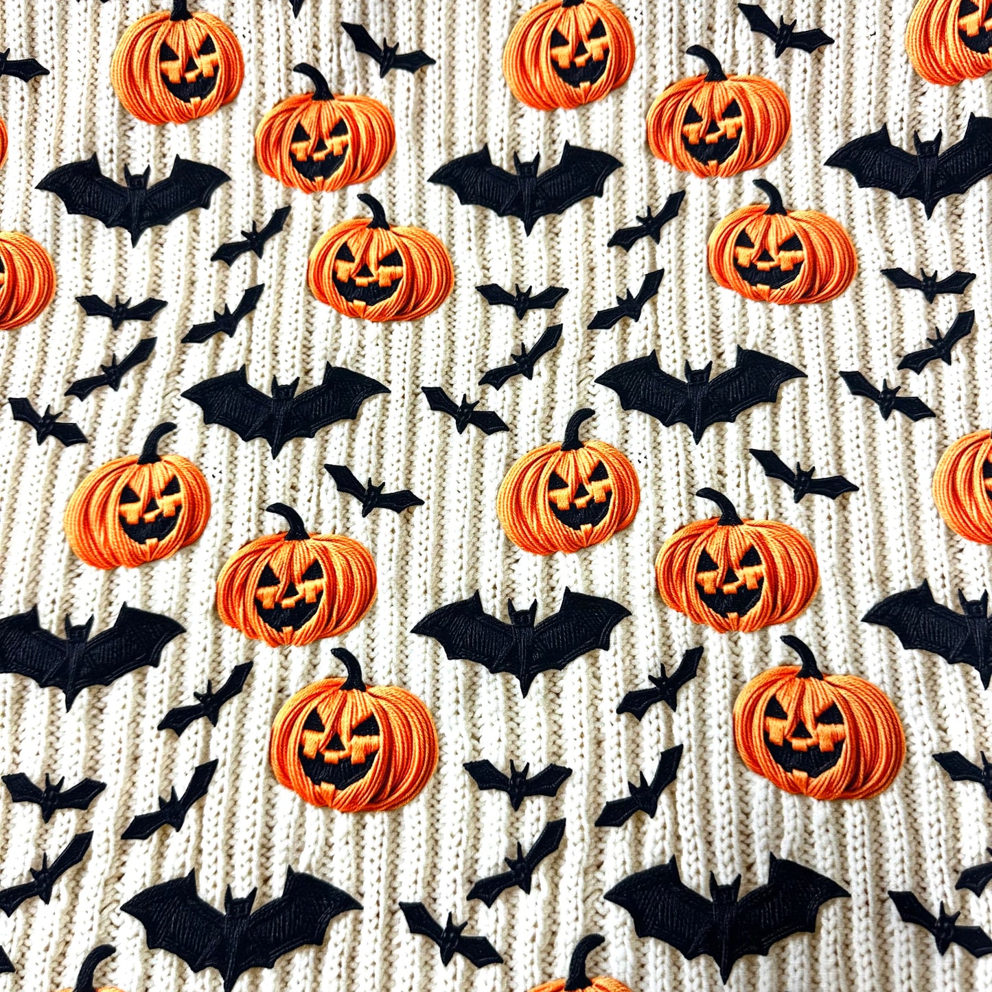 Embroidered Pumpkins and Bats on Bamboo Stretch French Terry Fabric