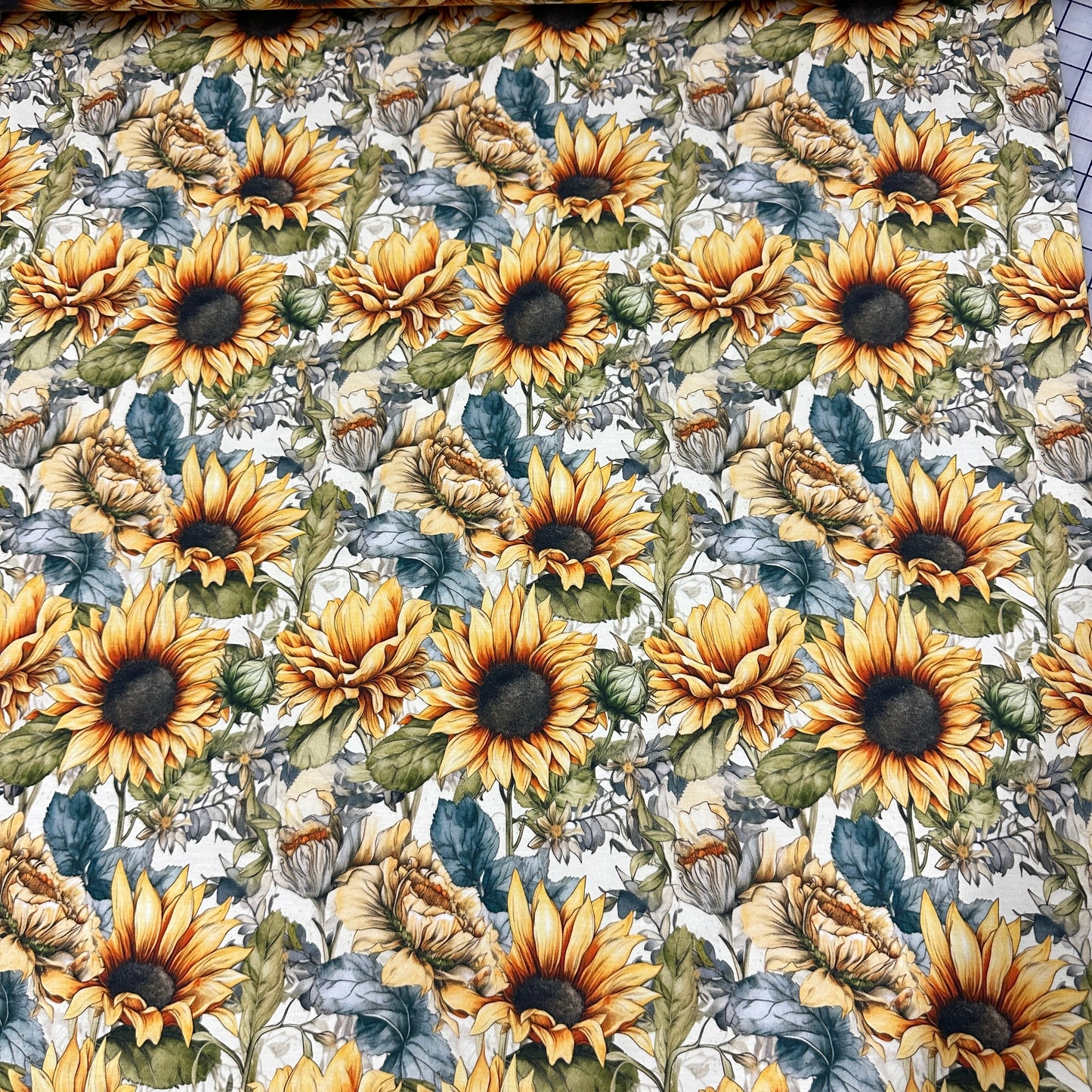 Sketched Sunflowers on Bamboo/Spandex Jersey Fabric