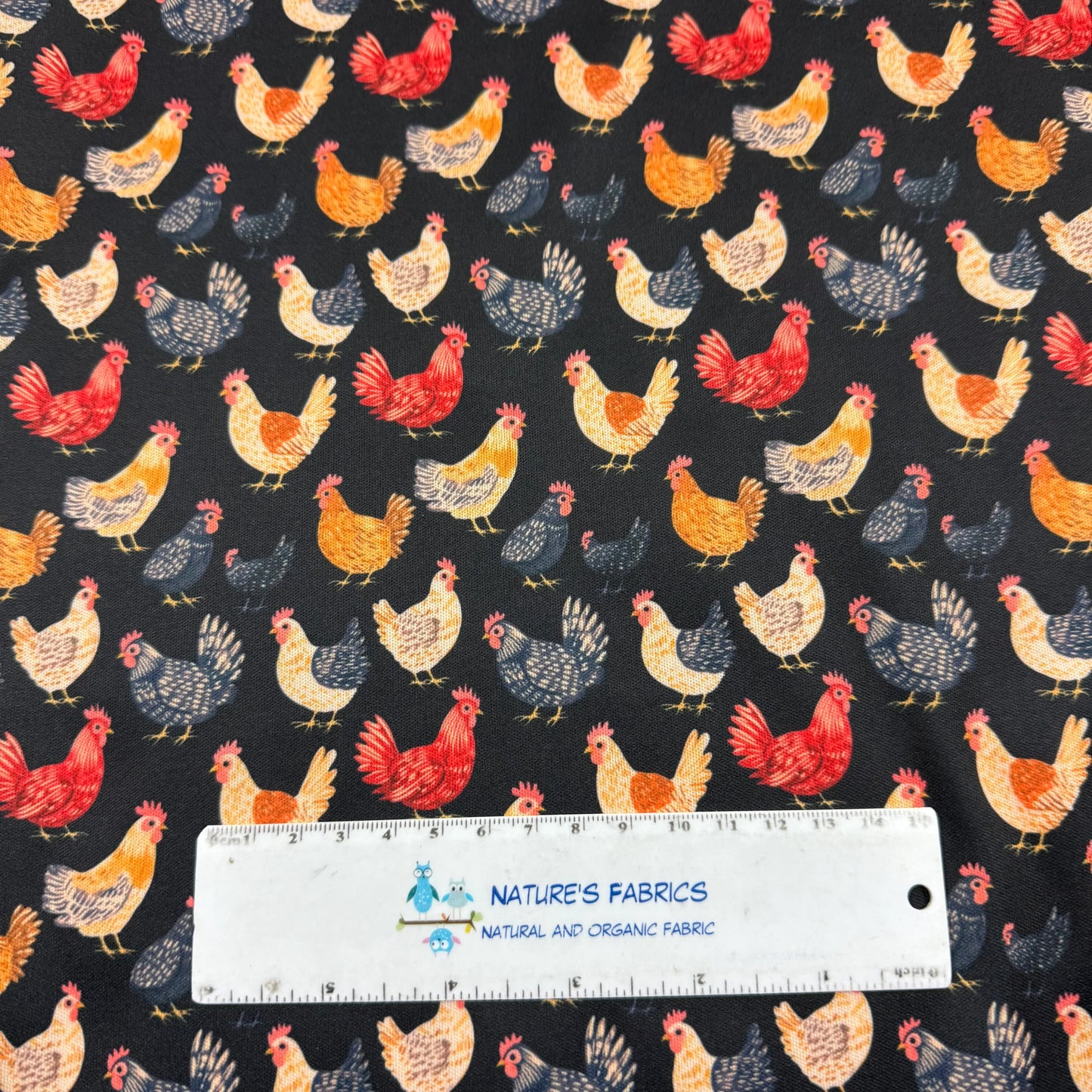Chickens on Black 1 mil PUL Fabric - Made in the USA