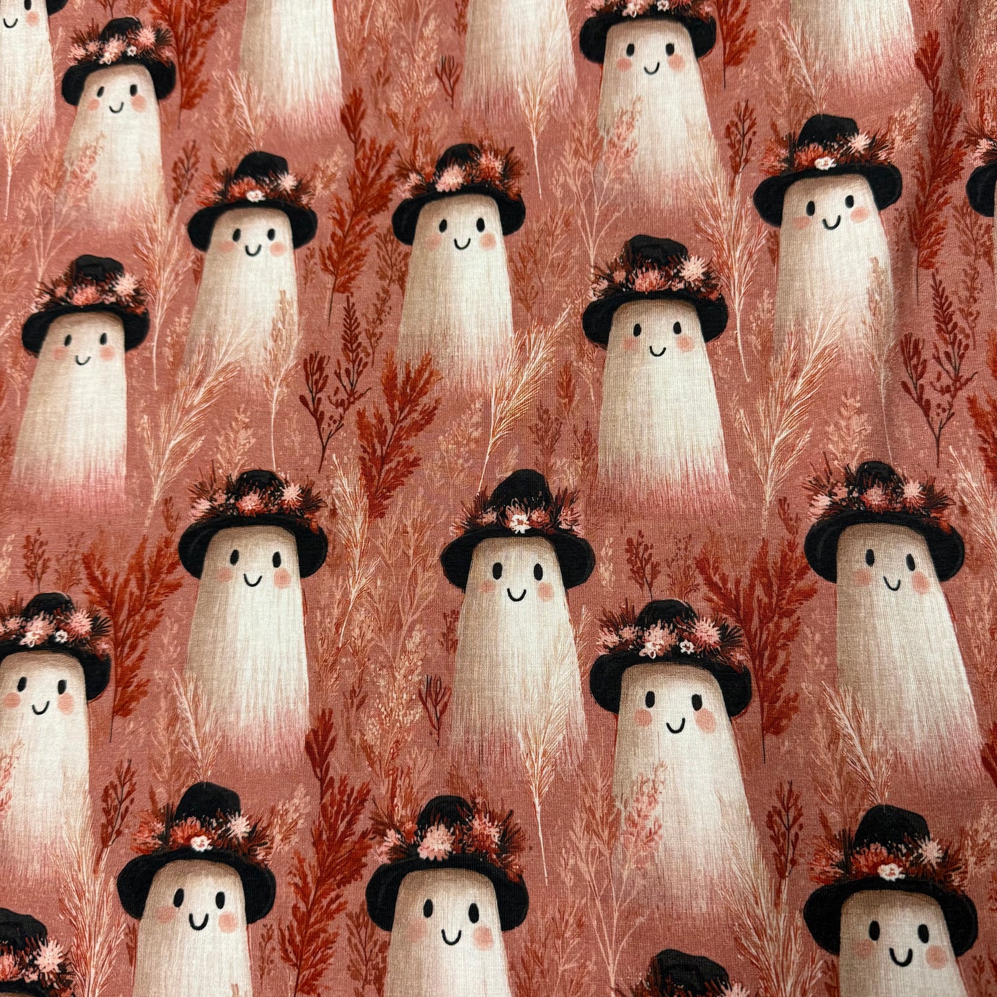 Ghosts with Hats on Bamboo/Spandex Jersey Fabric