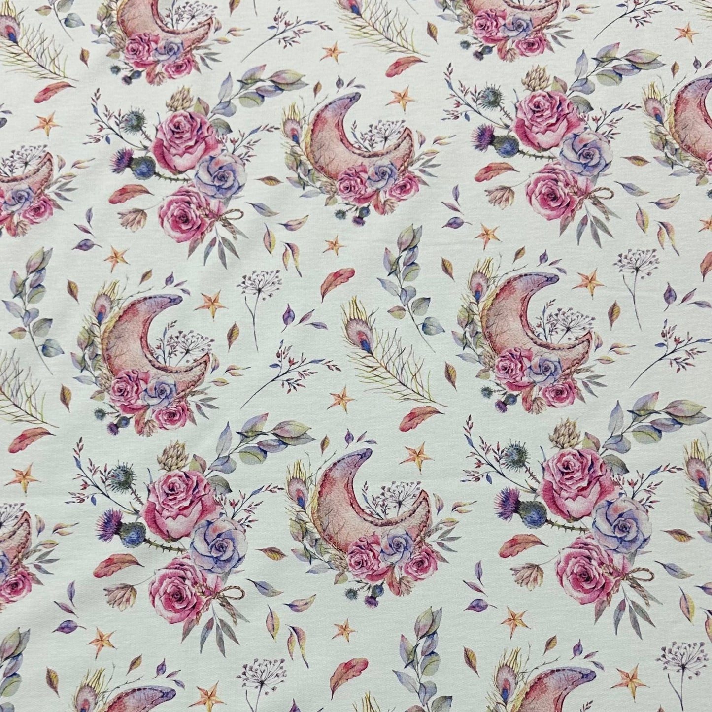 Floral Moons on White Bamboo Stretch French Terry Fabric