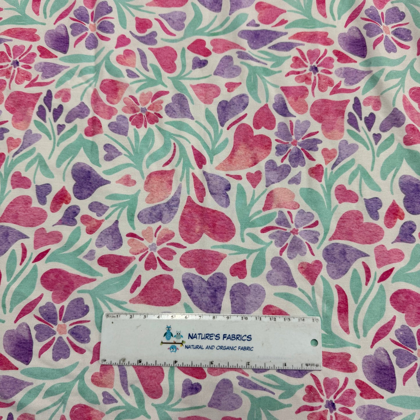 Pink and Purple Hearts and Flowers on Bamboo/Spandex Jersey Fabric - 200 GSM