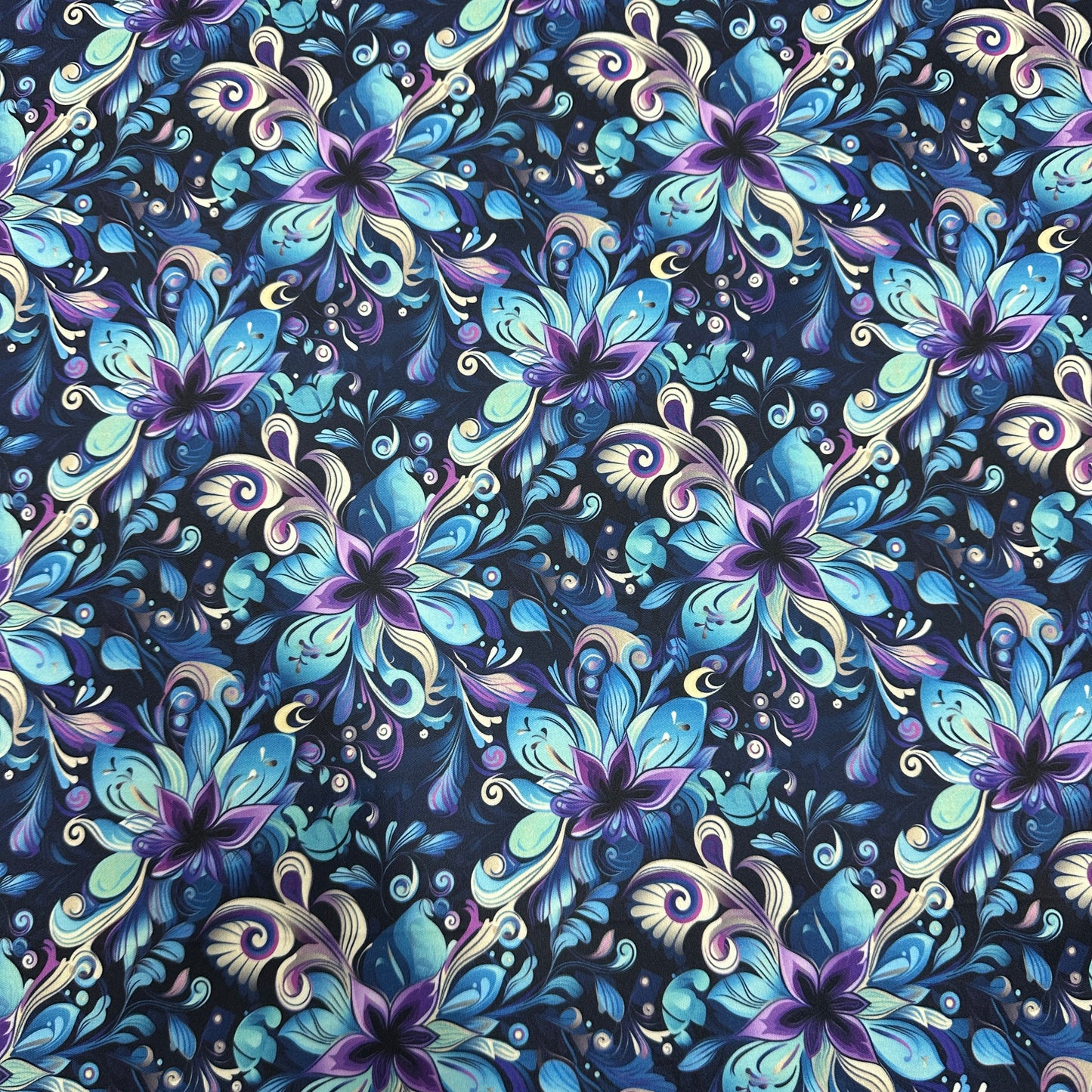 Aqua and Purple Floral on Navy 1 mil PUL Fabric - Made in the USA