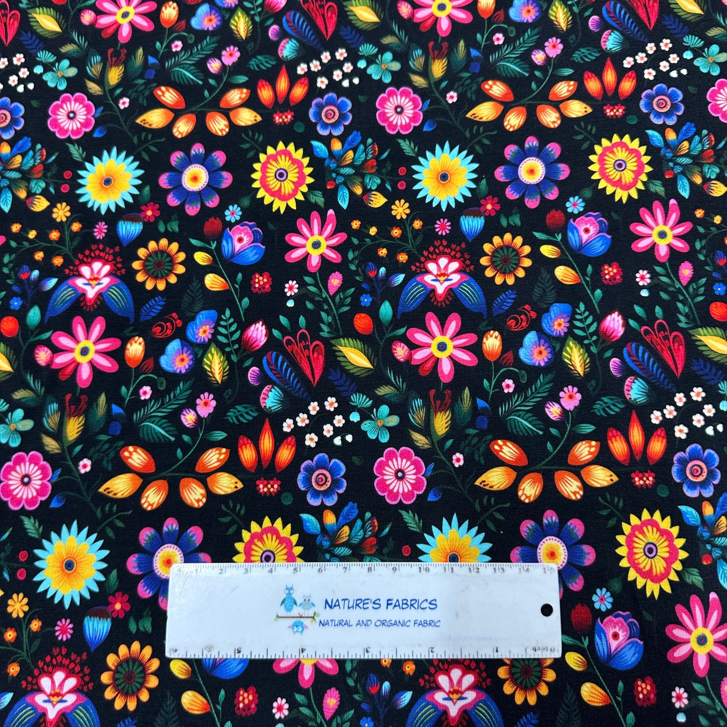 Folk Art Flowers on Bamboo/Spandex Jersey Fabric