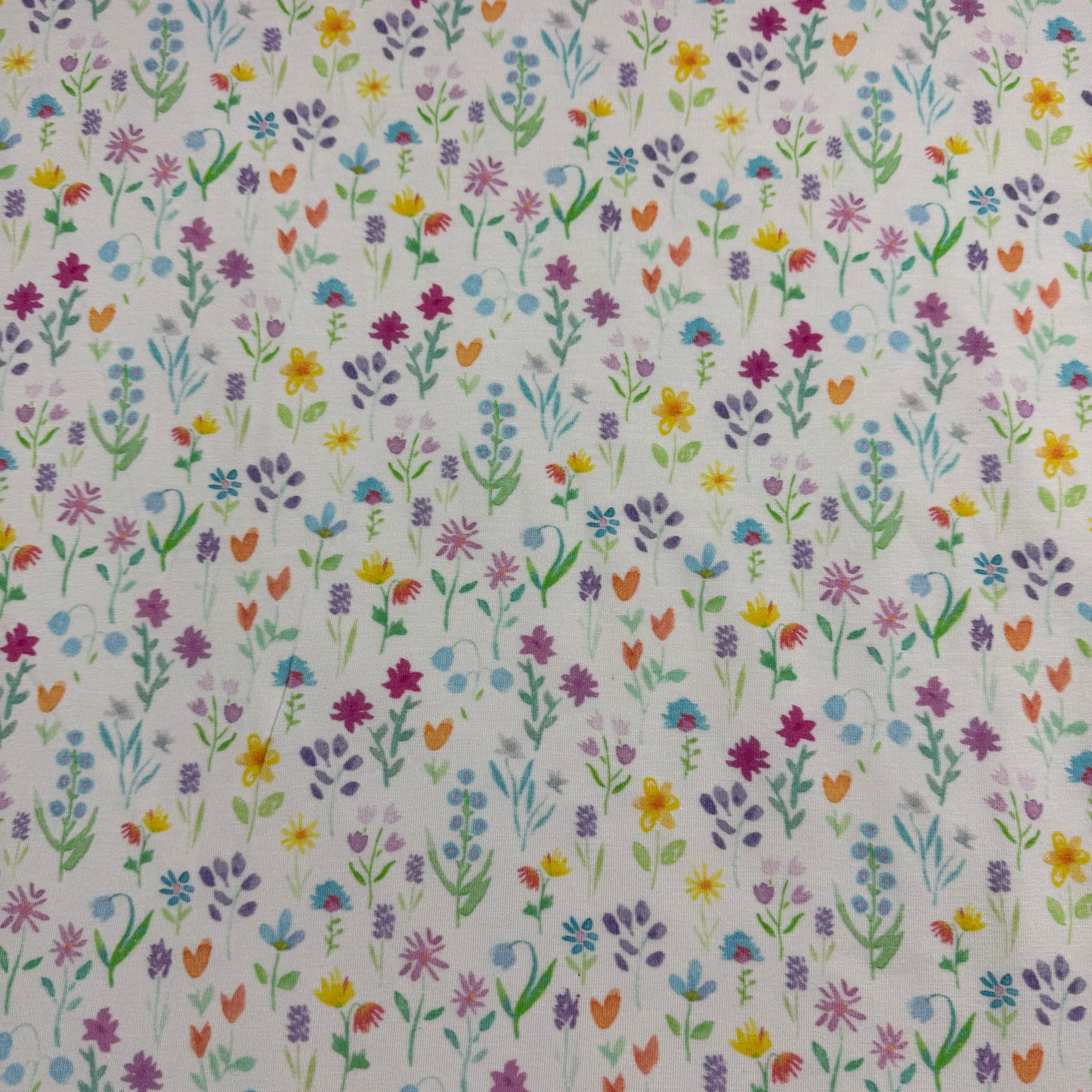 Pastel Dainty Flowers on Off White Bamboo/Spandex Jersey Fabric - Printed in the USA