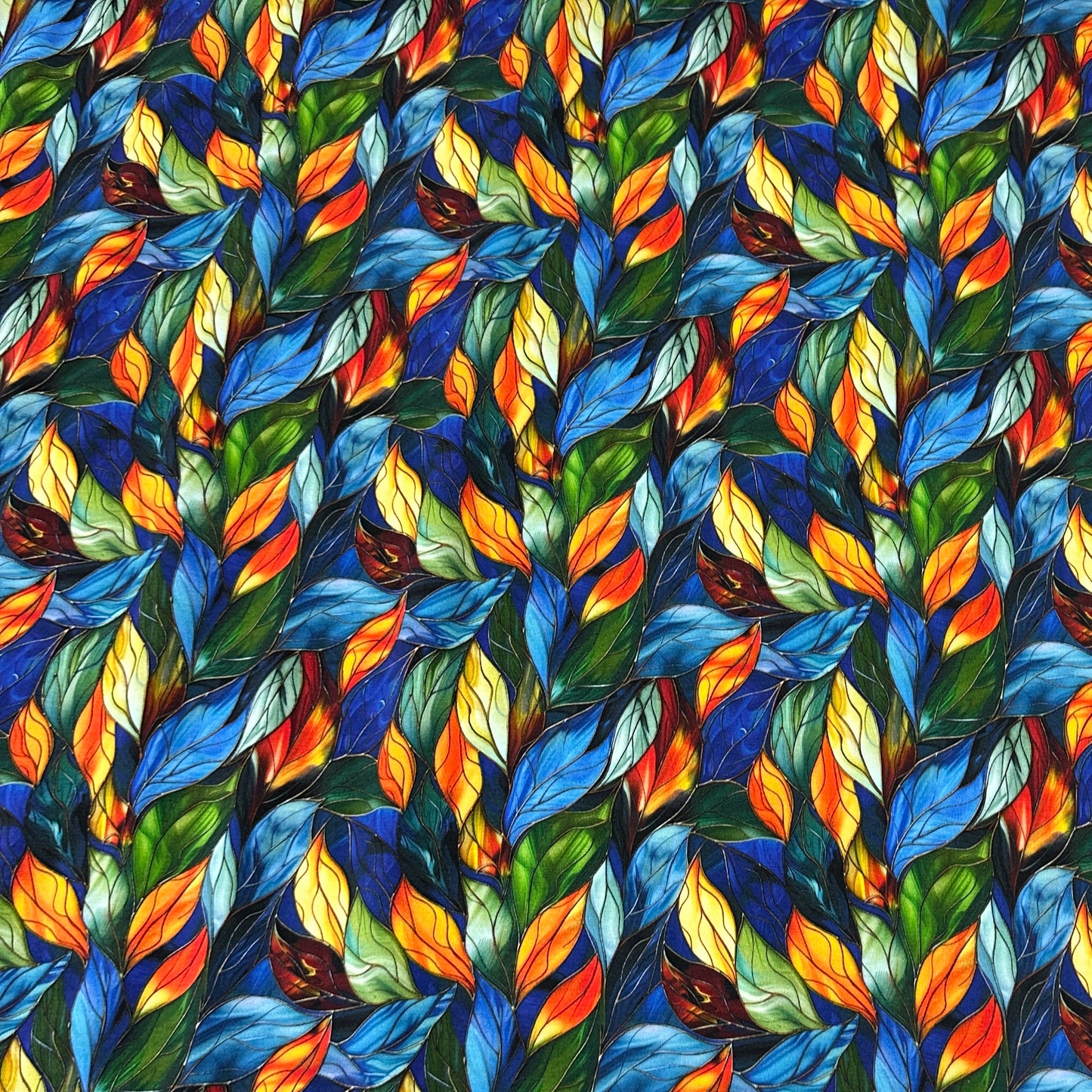 Stained Glass Blue Leaves on Bamboo/Spandex Jersey Fabric