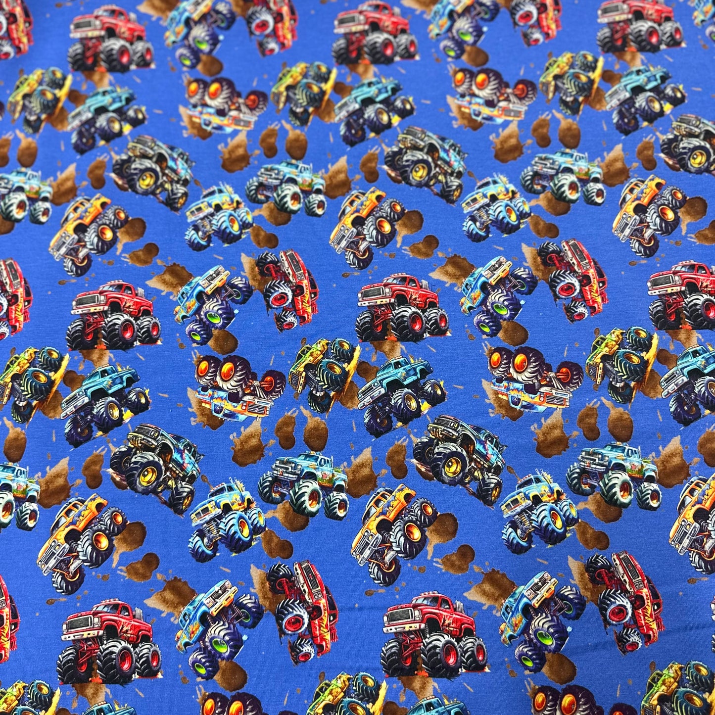 Monster Trucks on Organic Cotton/Spandex Jersey Fabric