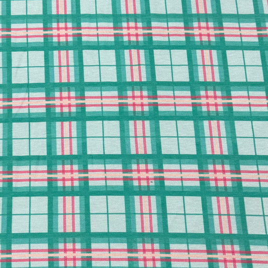 Teal and Jade Plaid on Off White Bamboo/Spandex Jersey Fabric - Printed in the USA