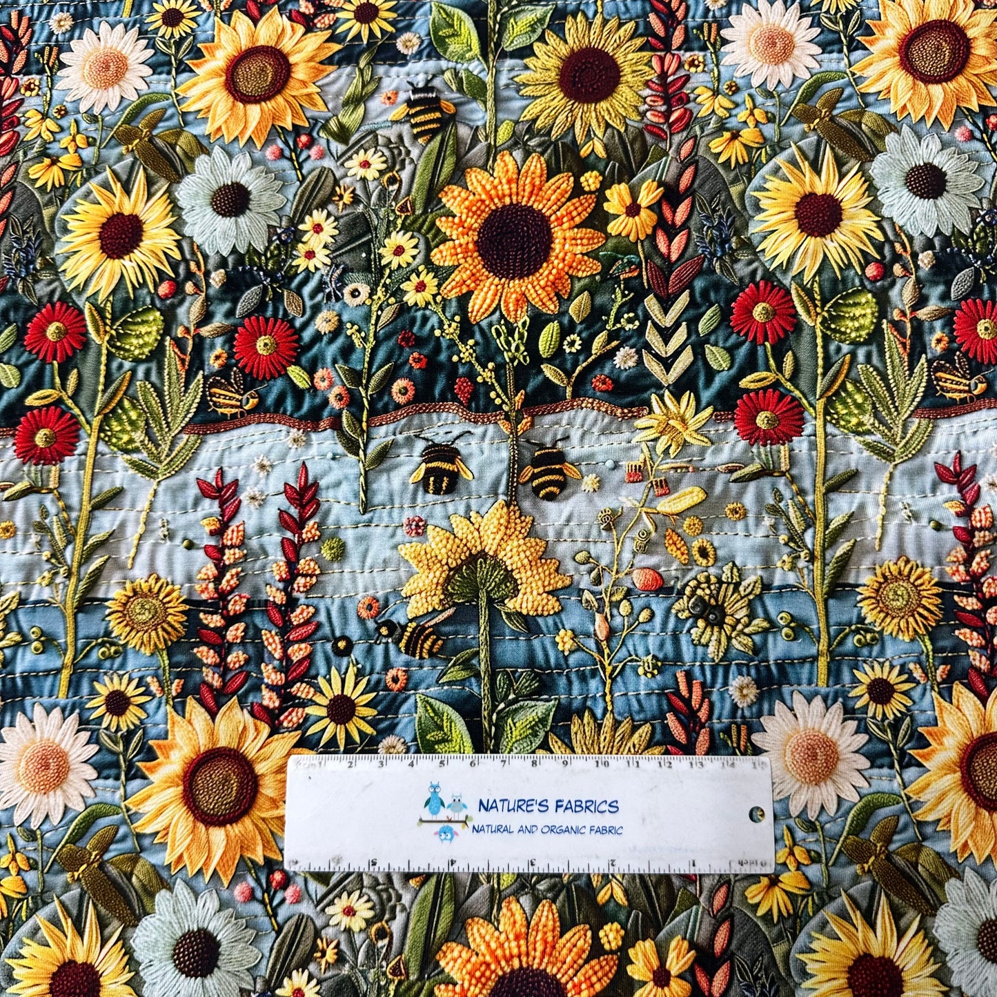 Embroidered Bees and Sunflowers on Bamboo/Spandex Jersey Fabric