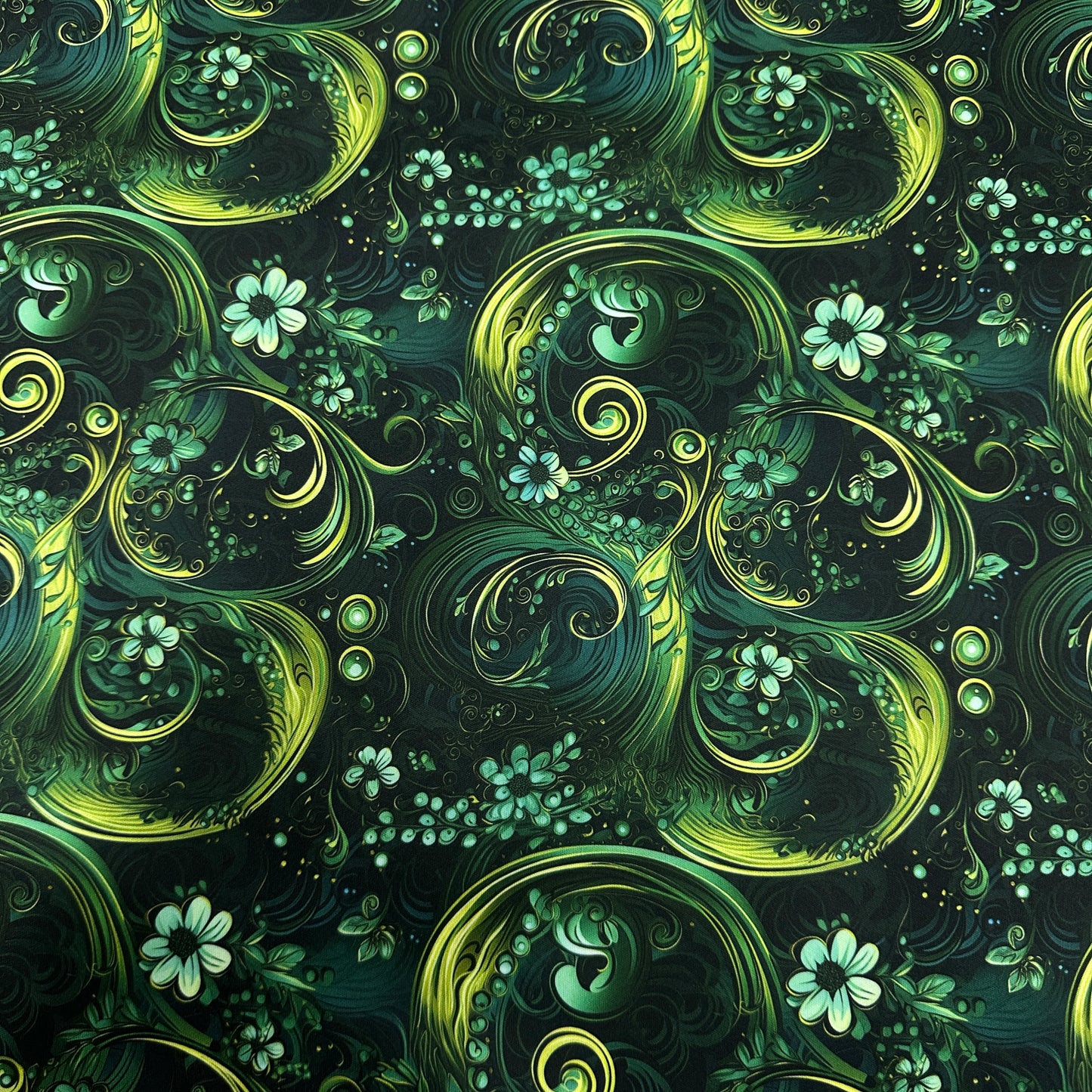 Green Flowery Swirls 1 mil PUL Fabric - Made in the USA