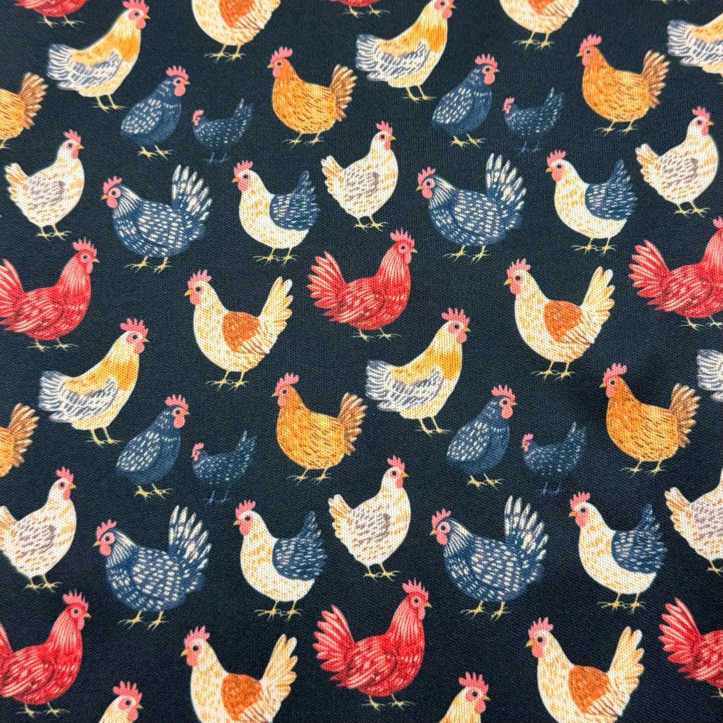 Chickens on Black 1 mil PUL Fabric - Made in the USA