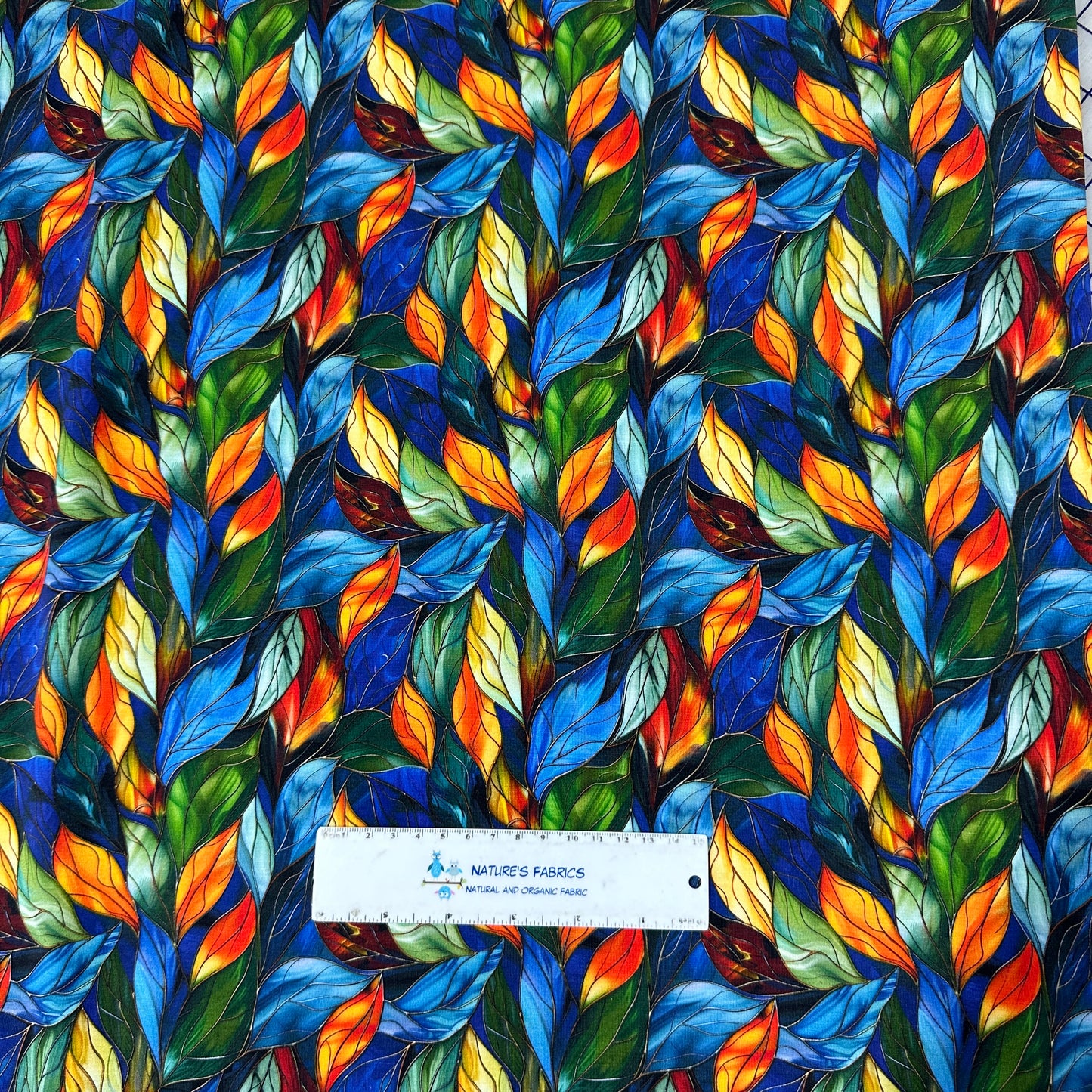 Stained Glass Blue Leaves on Bamboo/Spandex Jersey Fabric