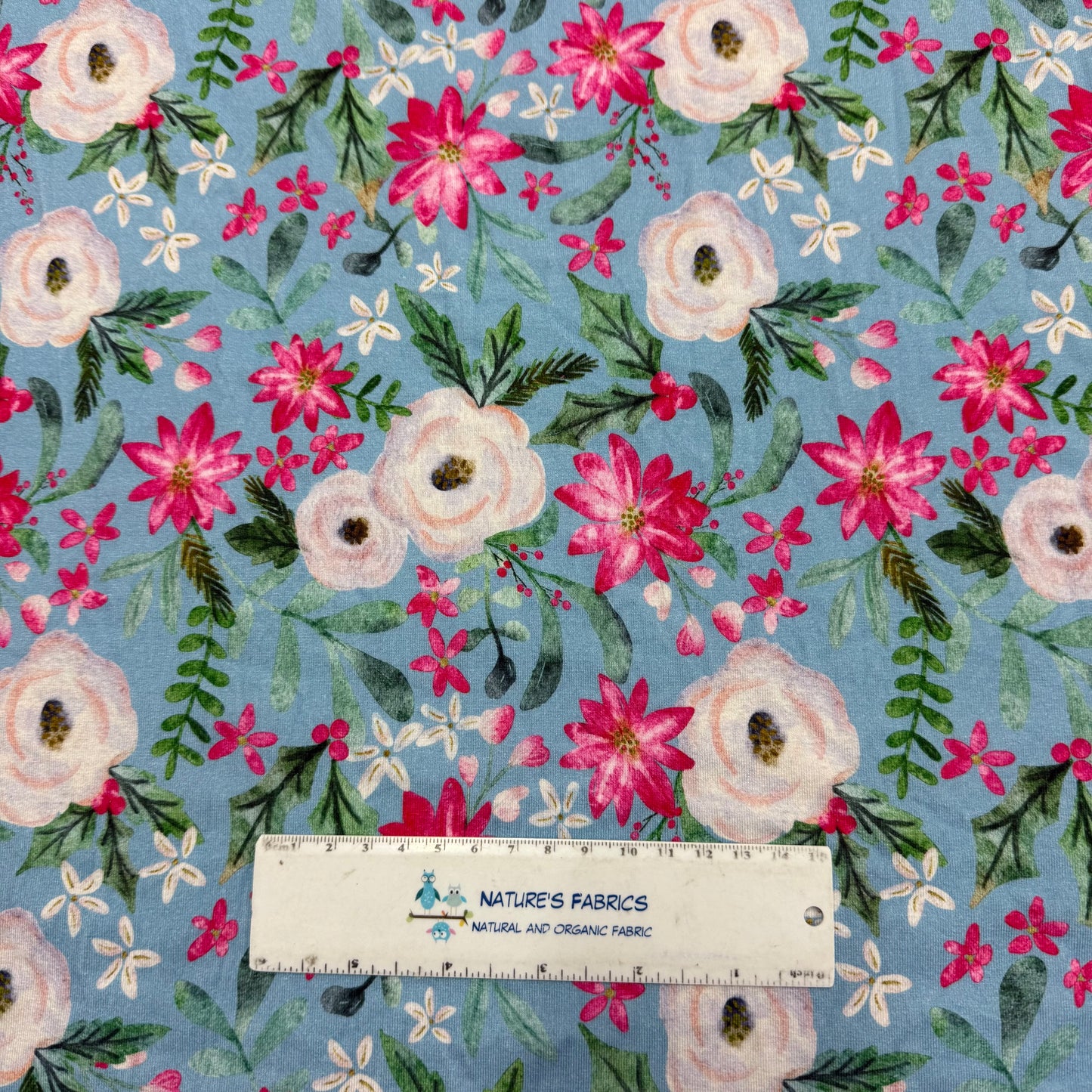 Holiday Flowers on Blue Bamboo/Spandex Jersey Fabric - 200 GSM