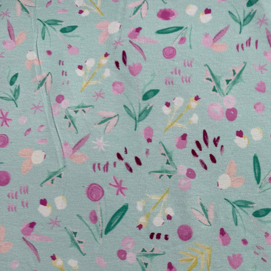 Winterberries on Mint Bamboo/Spandex Jersey Fabric - Printed in the USA