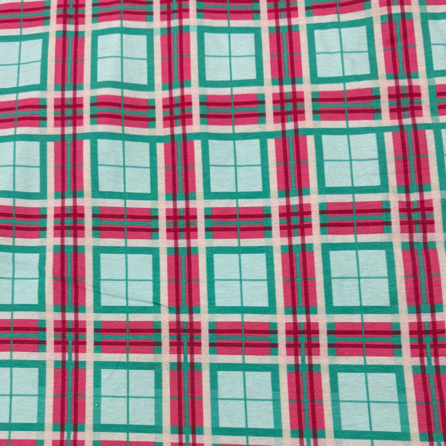 Teal, Jade, and Hot Pink Plaid on Off White Bamboo/Spandex Jersey Fabric - Printed in the USA