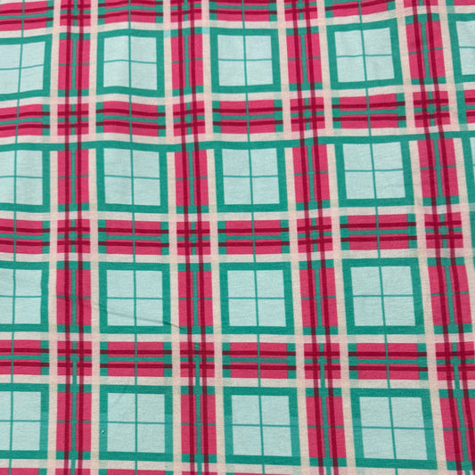 Teal, Jade, and Hot Pink Plaid on Off White Bamboo/Spandex Jersey Fabric - Printed in the USA