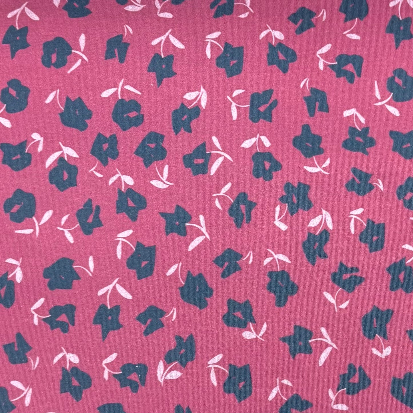 Blue Flowers on Rose Bamboo/Spandex Jersey Fabric - Printed in the USA