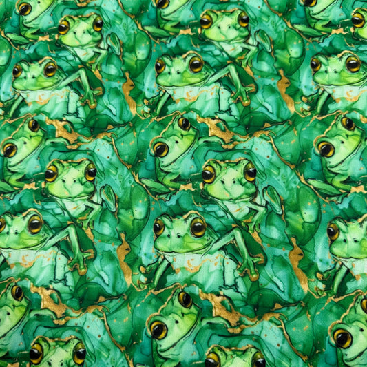 Green frog pattern fabric from Nature's Fabrics with gold metallic accents.