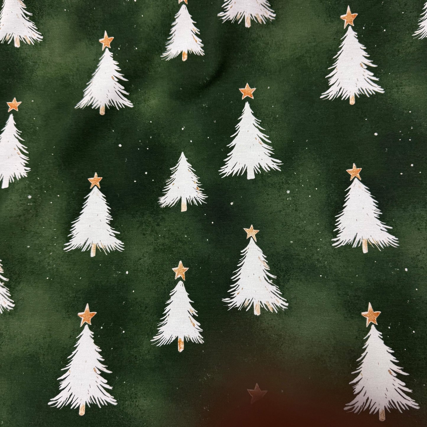 White Christmas Trees on Green Bamboo/Spandex Jersey Fabric