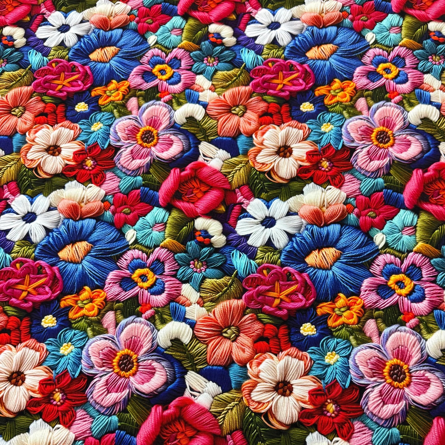 Embroidered Bright Flowers on Bamboo/Spandex Jersey Fabric