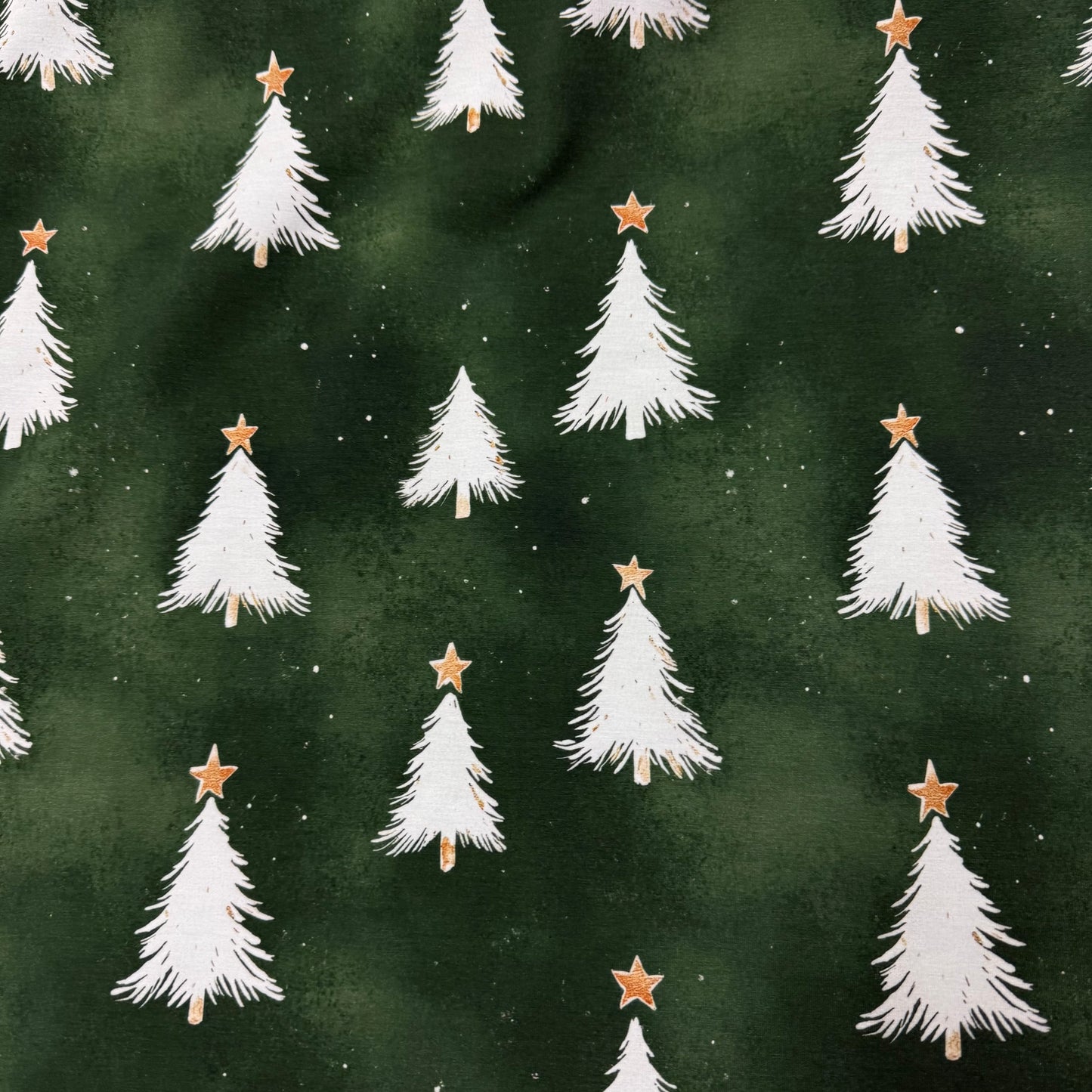 White Christmas Trees on Green Bamboo/Spandex Jersey Fabric