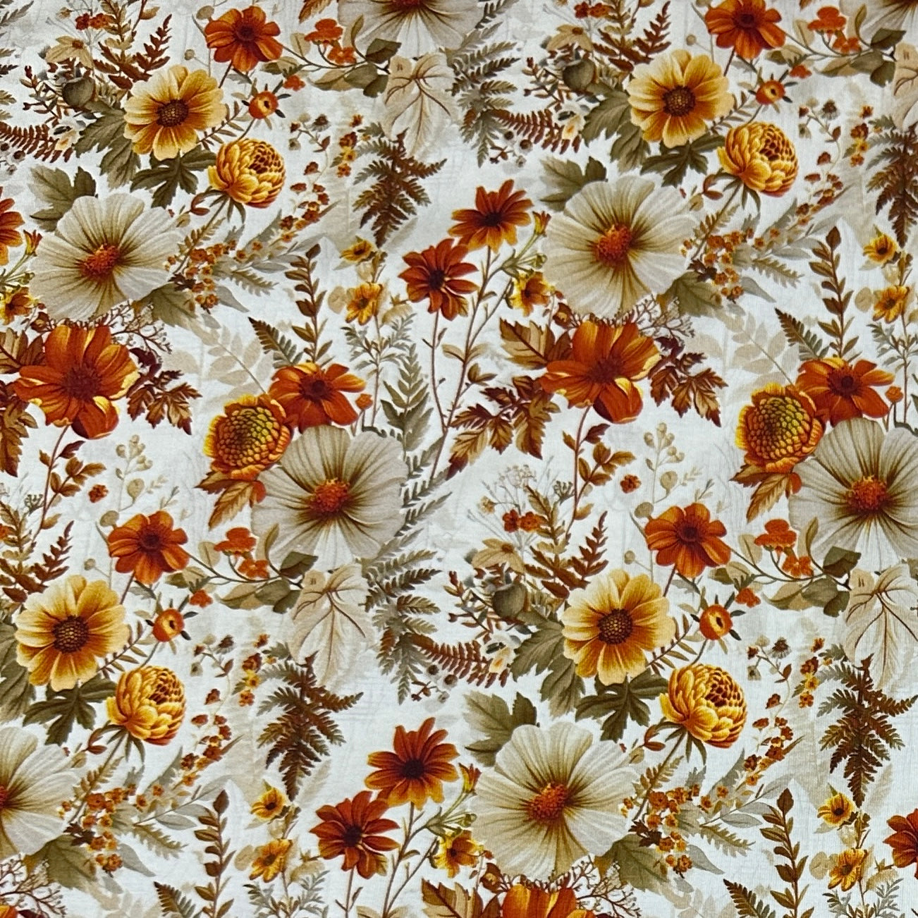 Ivory and Orange Flowers on Bamboo/Spandex Jersey Fabric