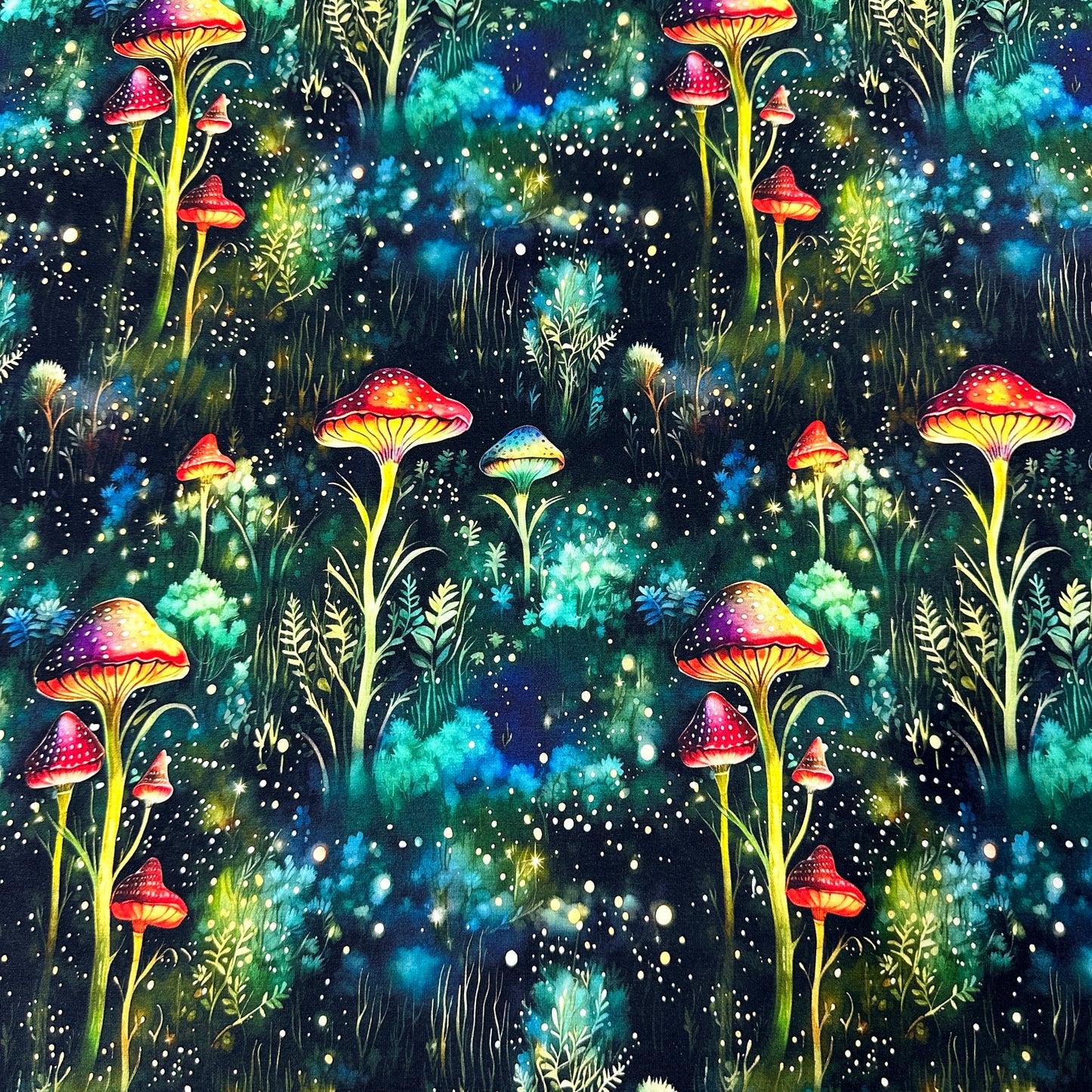 Mystical Mushrooms on Bamboo/Spandex Jersey Fabric