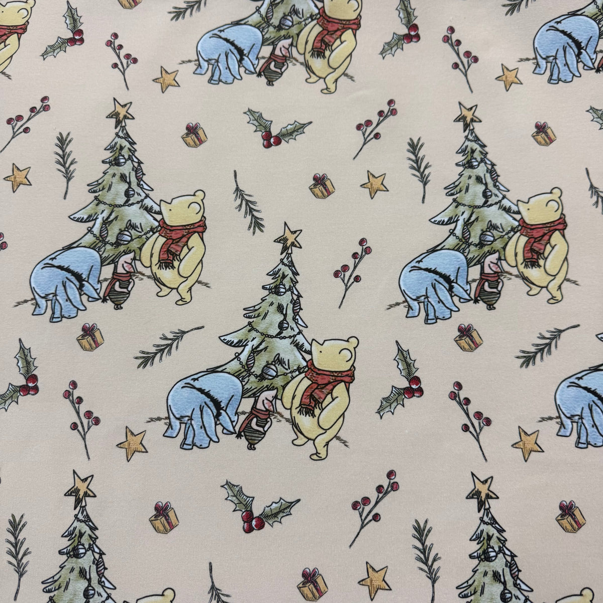 Winnie the Pooh Christmas on Tan Bamboo/Spandex Jersey Fabric