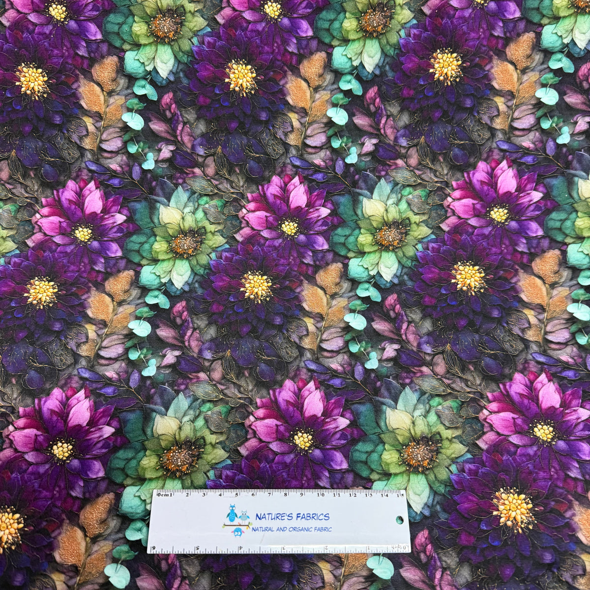 Purple and Green Waterlilies on Bamboo/Spandex Jersey Fabrics