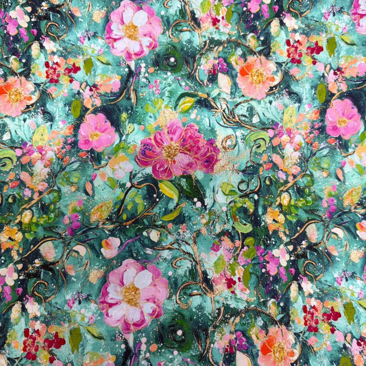 Pink Watercolor Roses on Green Bamboo/Spandex Jersey Fabrics