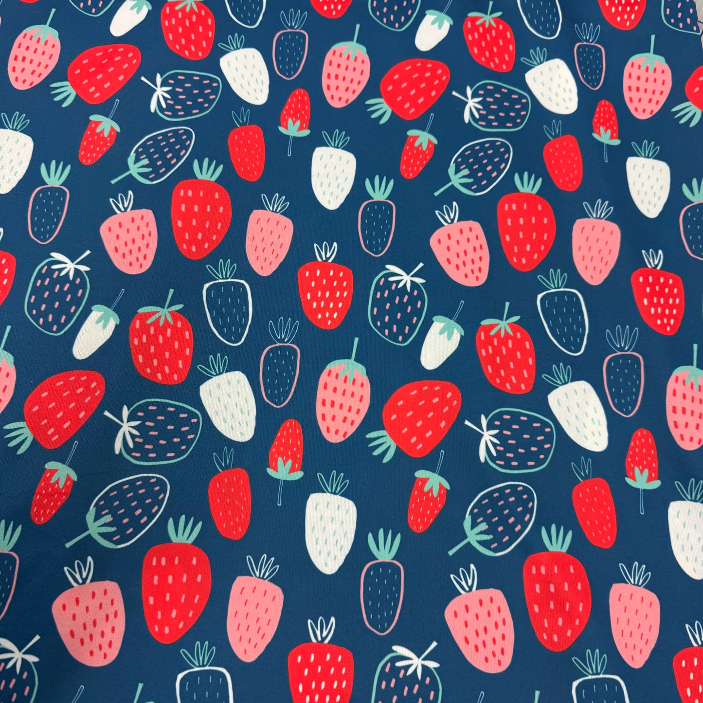 Summer Strawberries on Navy 1 mil PUL Fabric - Made in the USA
