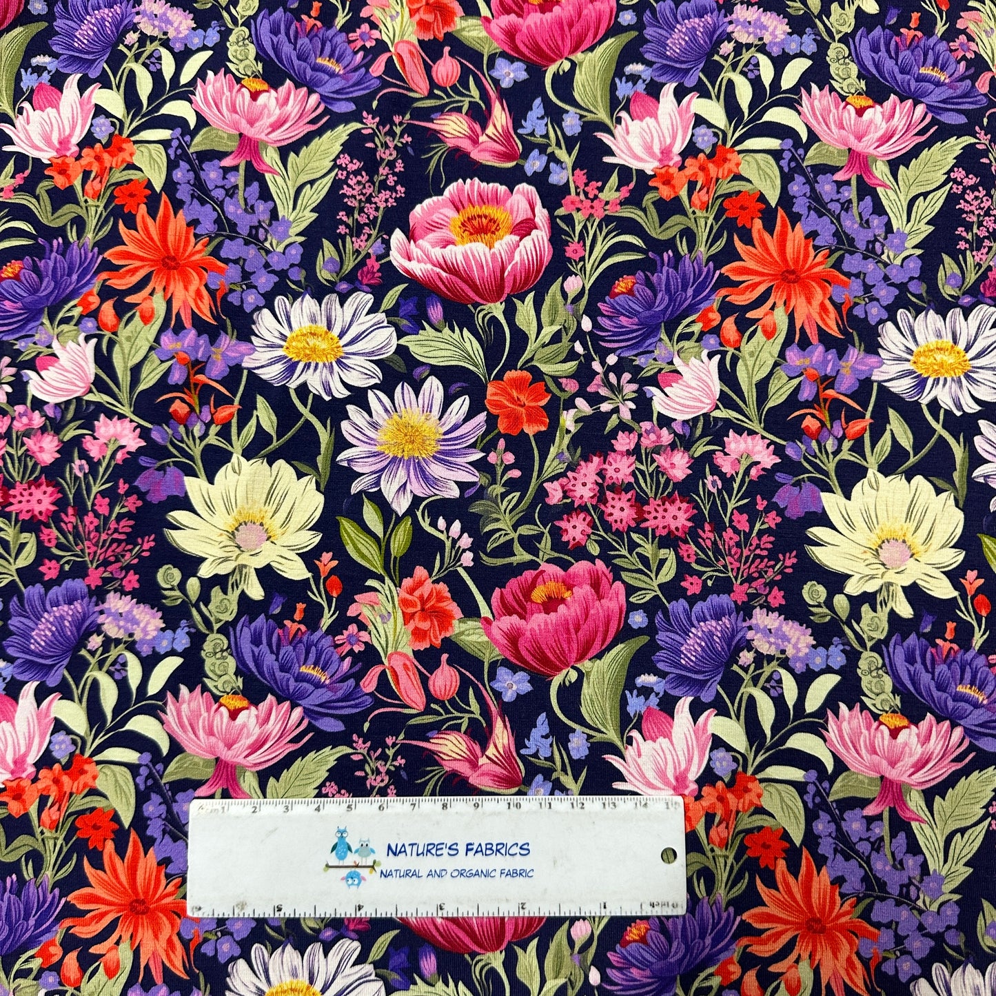 Pink and Purple Flowers on Organic Cotton/Spandex Jersey Fabric