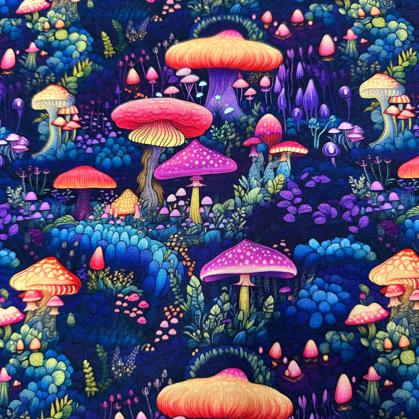 Marvelous Mushrooms on Bamboo/Spandex Jersey Fabric