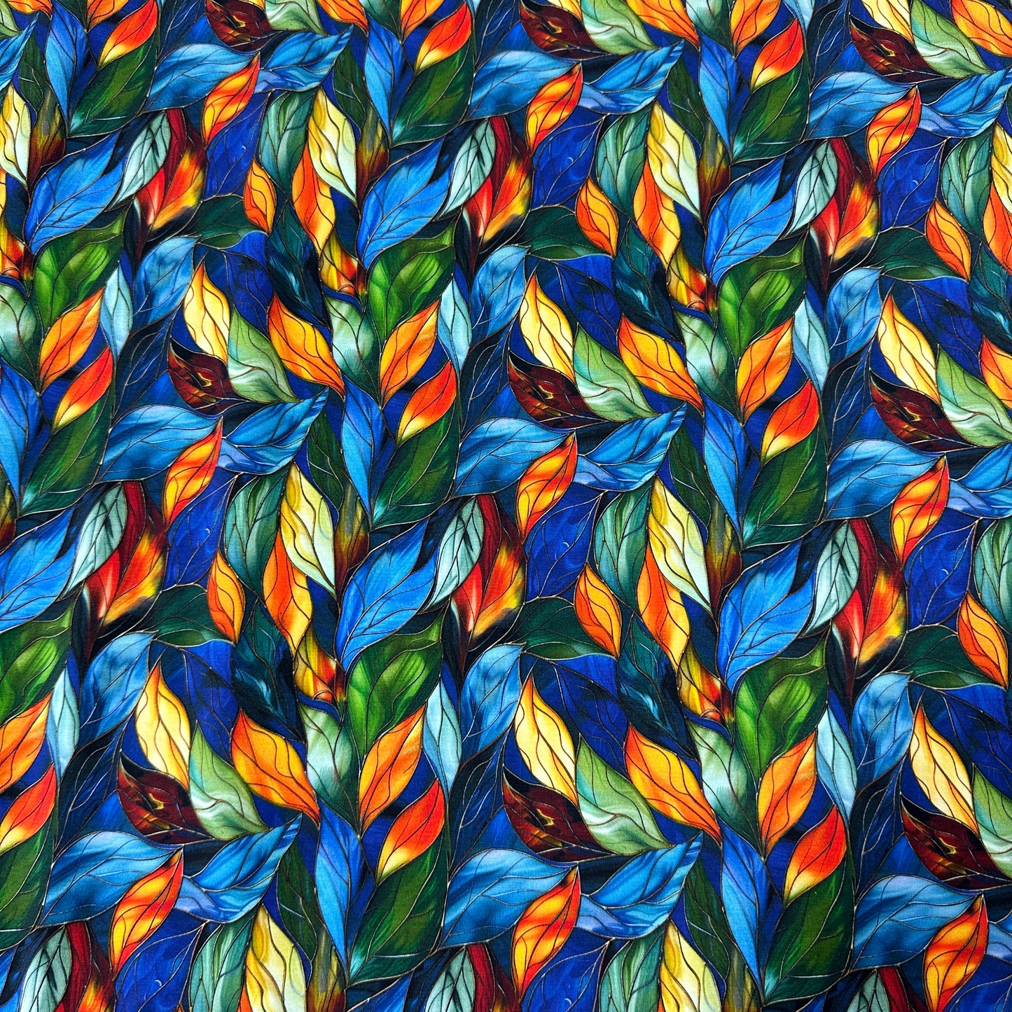 Stained Glass Blue Leaves on Bamboo/Spandex Jersey Fabric