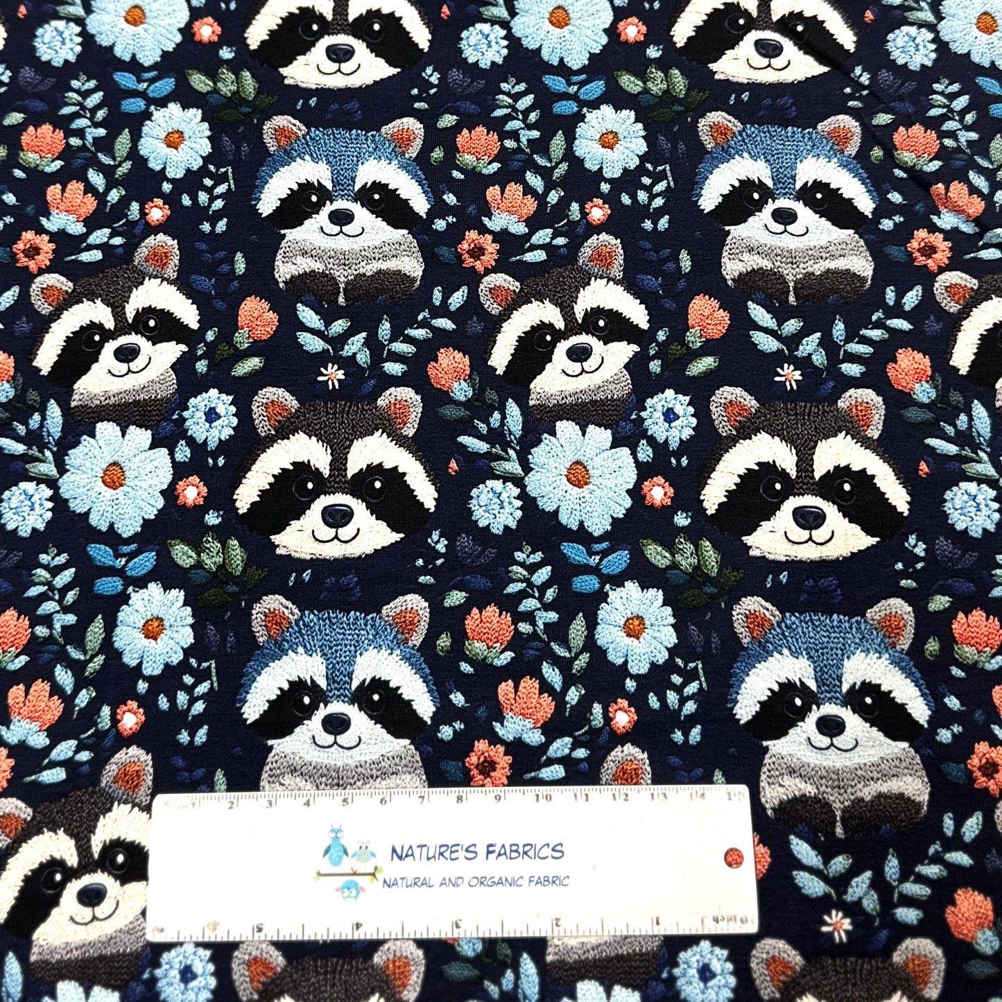 Embroidered Raccoons on Blue Bamboo Stretch French Terry Fabric