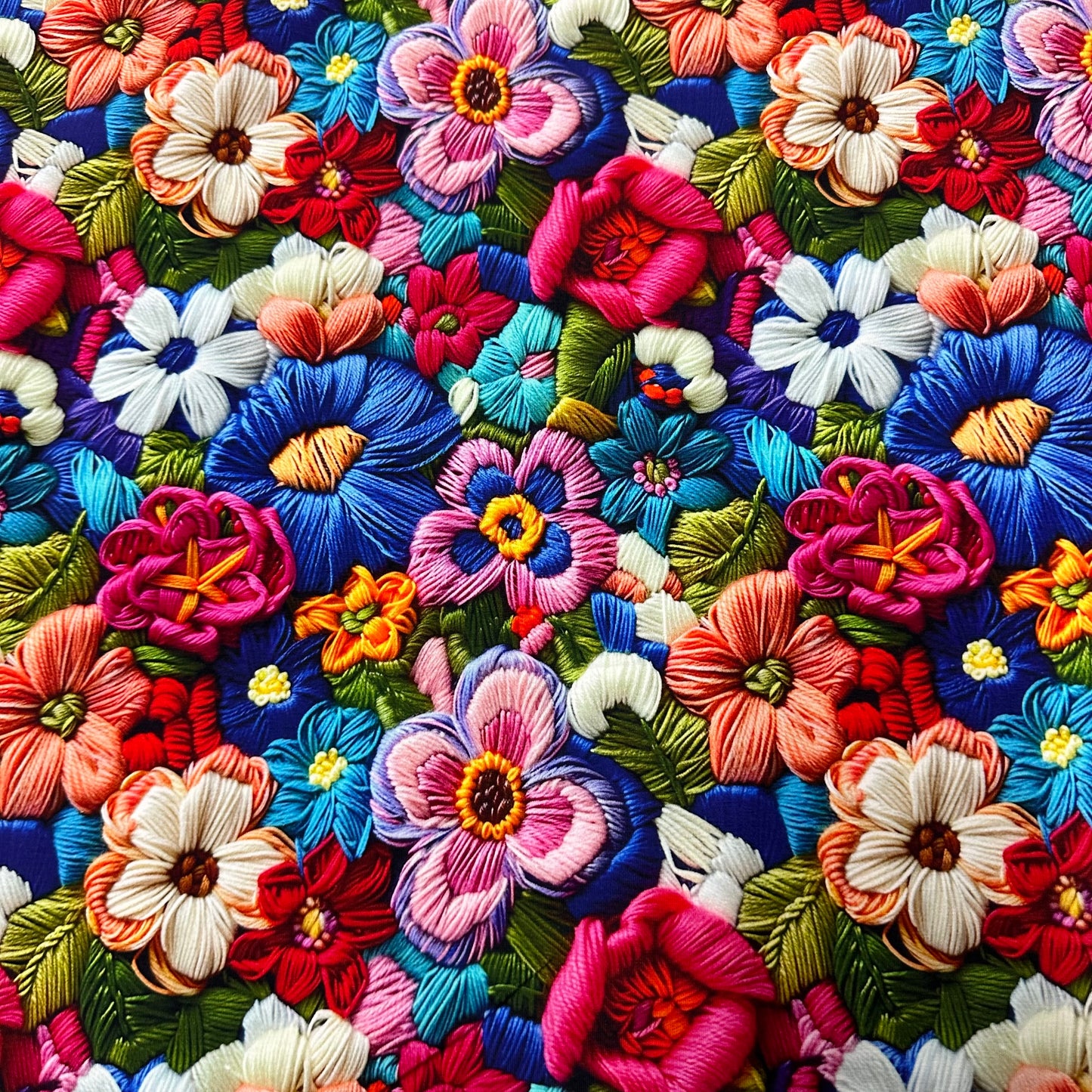 Embroidered Bright Flowers on Bamboo/Spandex Jersey Fabric