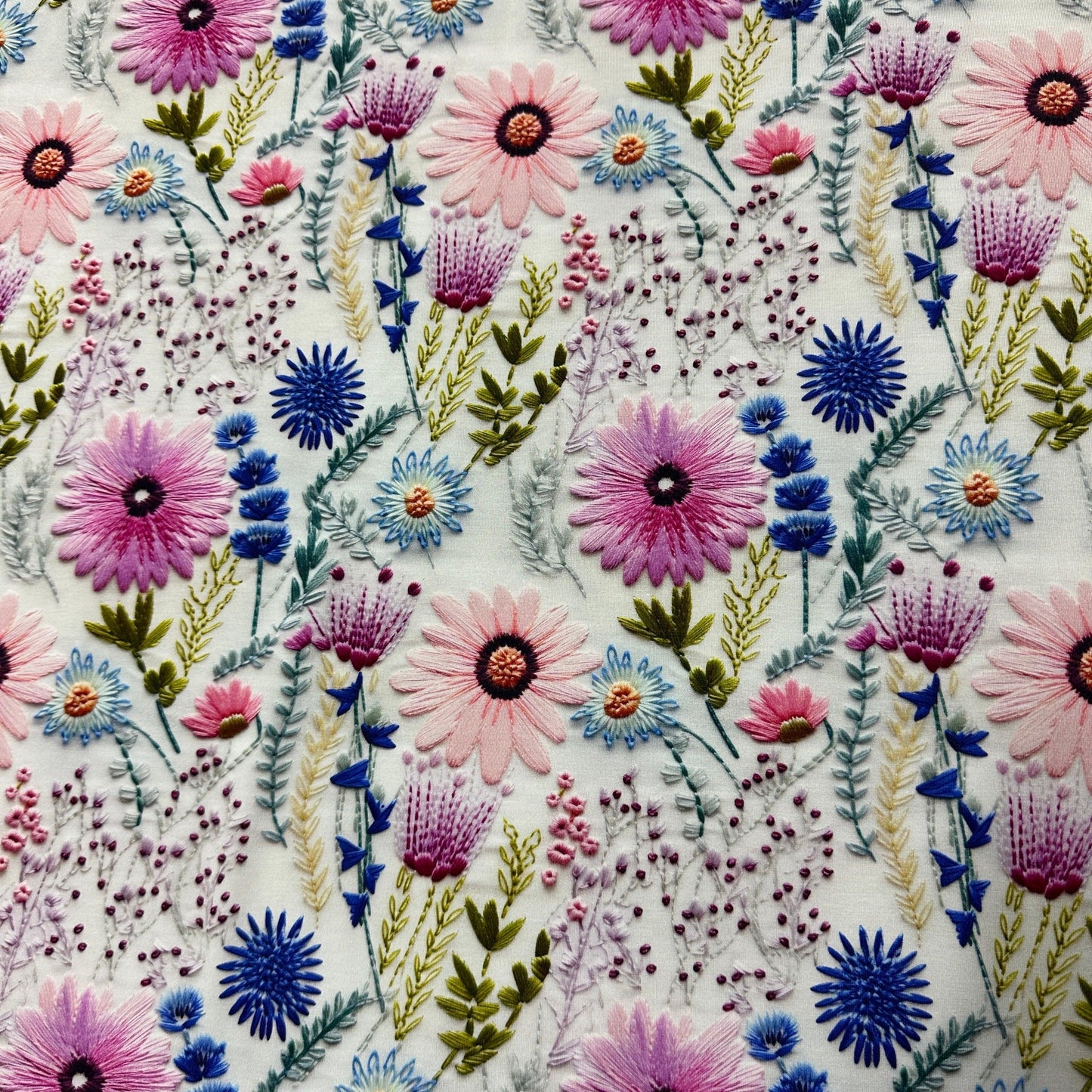 Pink Embroidered Daisies on Bamboo Stretch French Terry Fabric