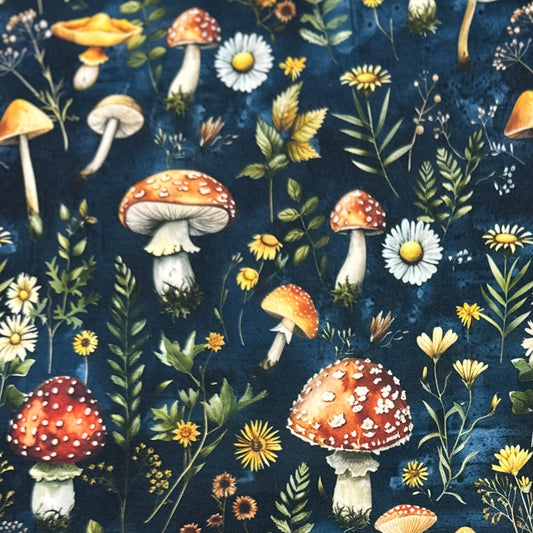 Toadstools on Blue 1 mil PUL Fabric - Made in the USA