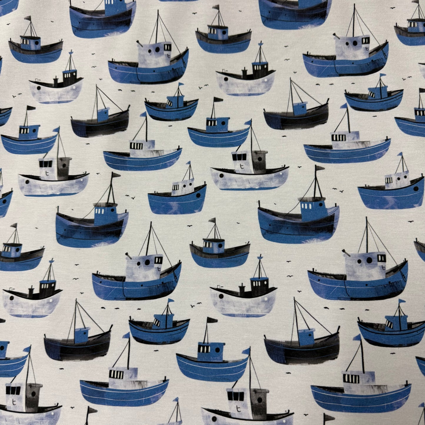Blue Boats on Bamboo/Spandex Jersey Fabric