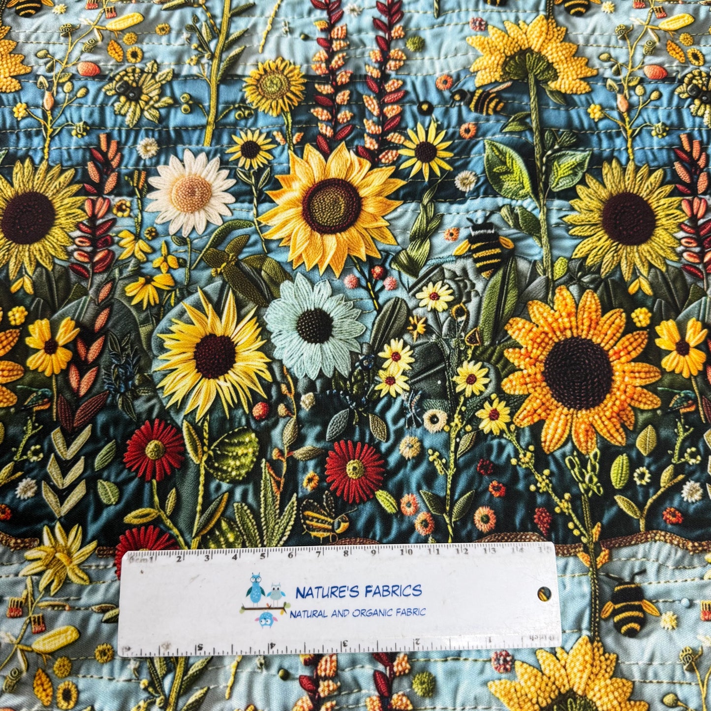 Embroidered Sunflowers and Bees 1 mil PUL Fabric - Made in the USA