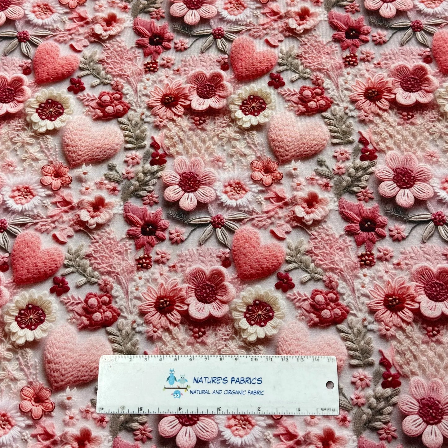 Embroidered Flowers and Hearts on Bamboo/Spandex Jersey Fabric