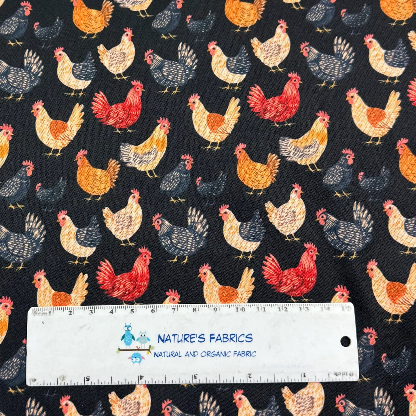 Chickens on Black 1 mil PUL Fabric - Made in the USA