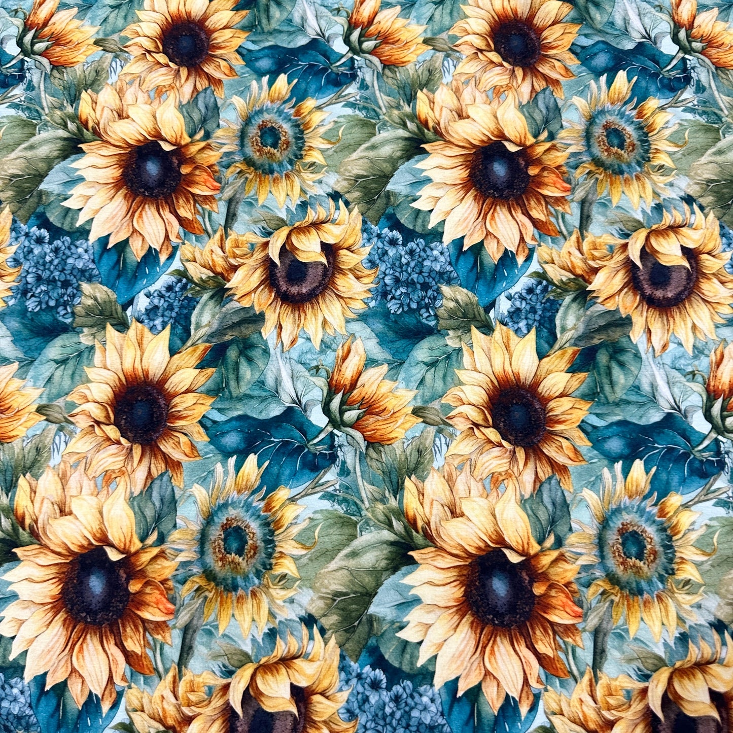 Sunflowers on Teal Bamboo/Spandex Jersey Fabric