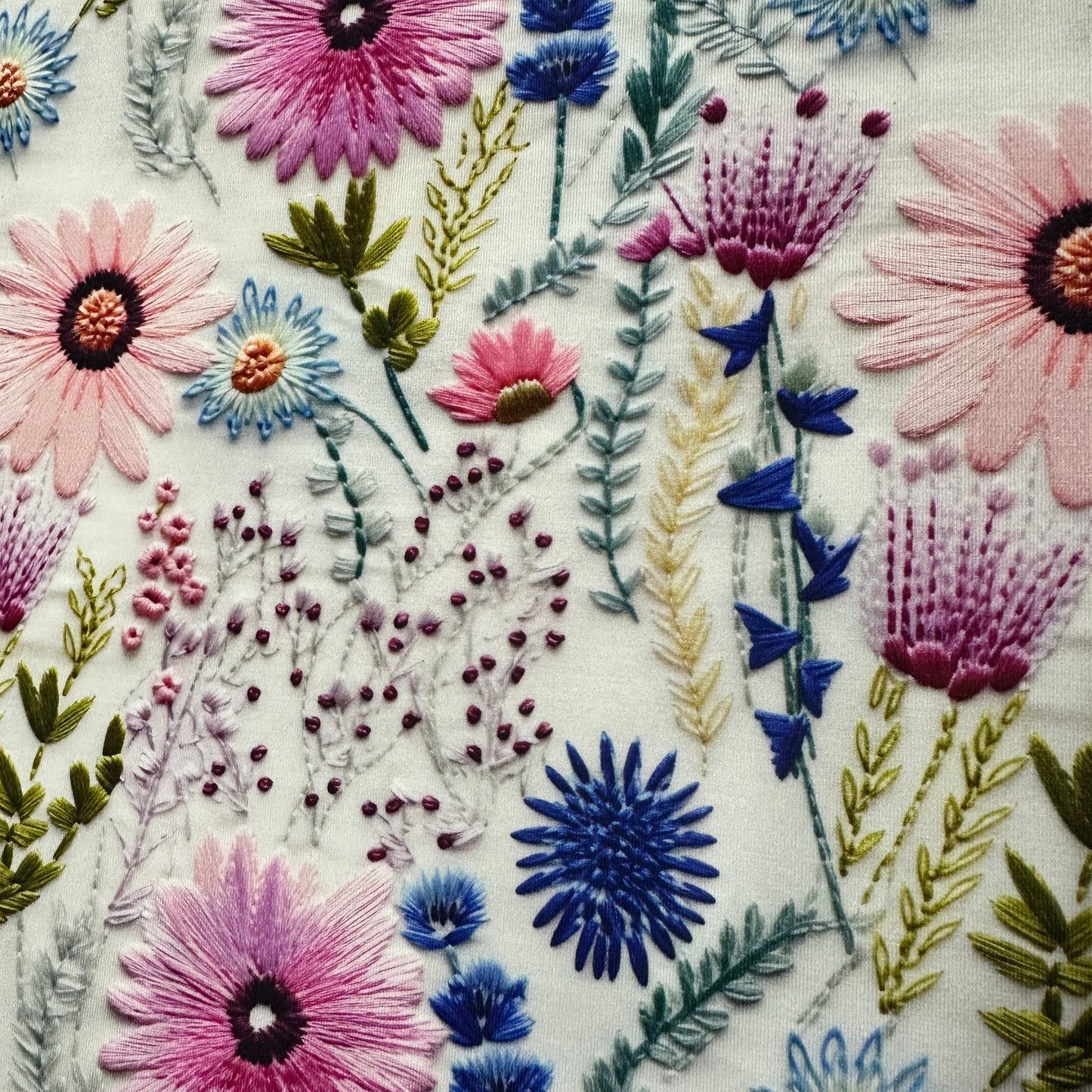Pink Embroidered Daisies on Organic Cotton/Spandex Jersey Fabric