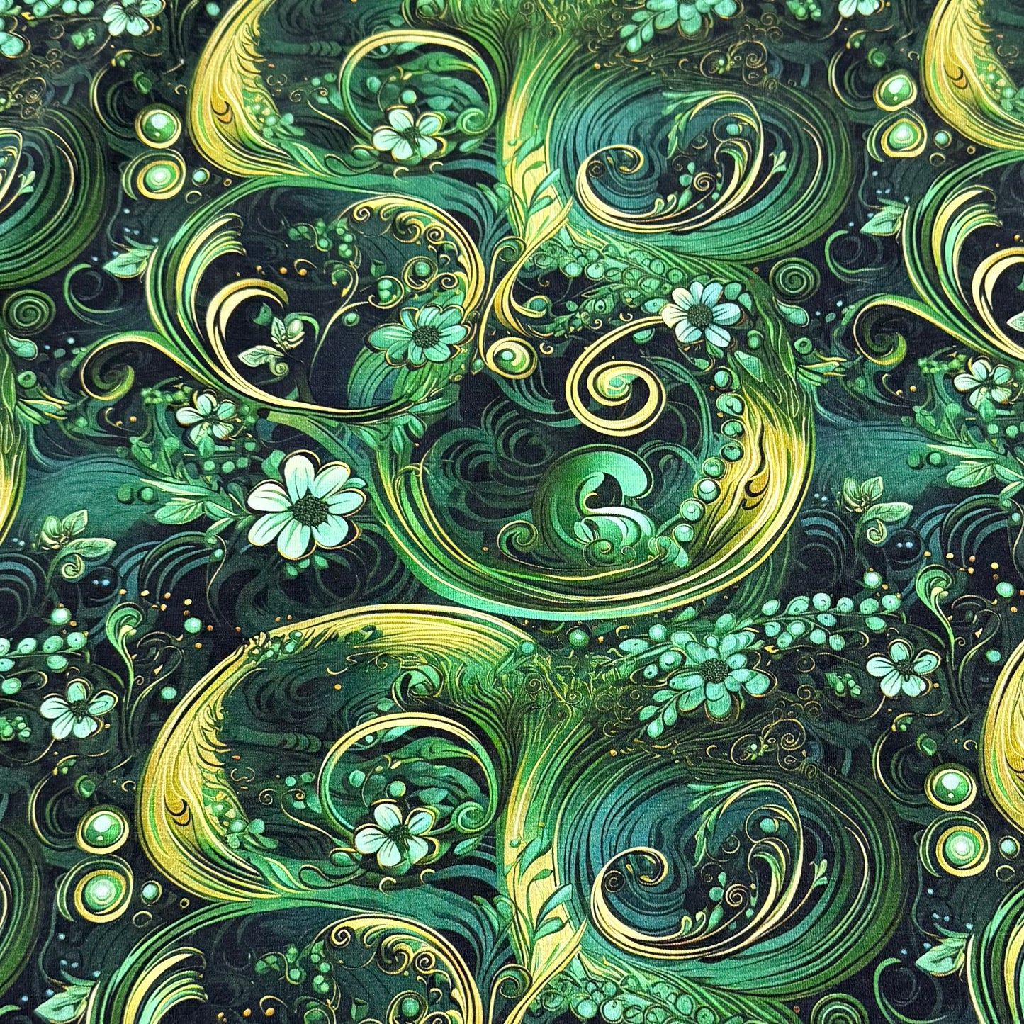 Green Floral Swirl on Bamboo/Spandex Jersey Fabric