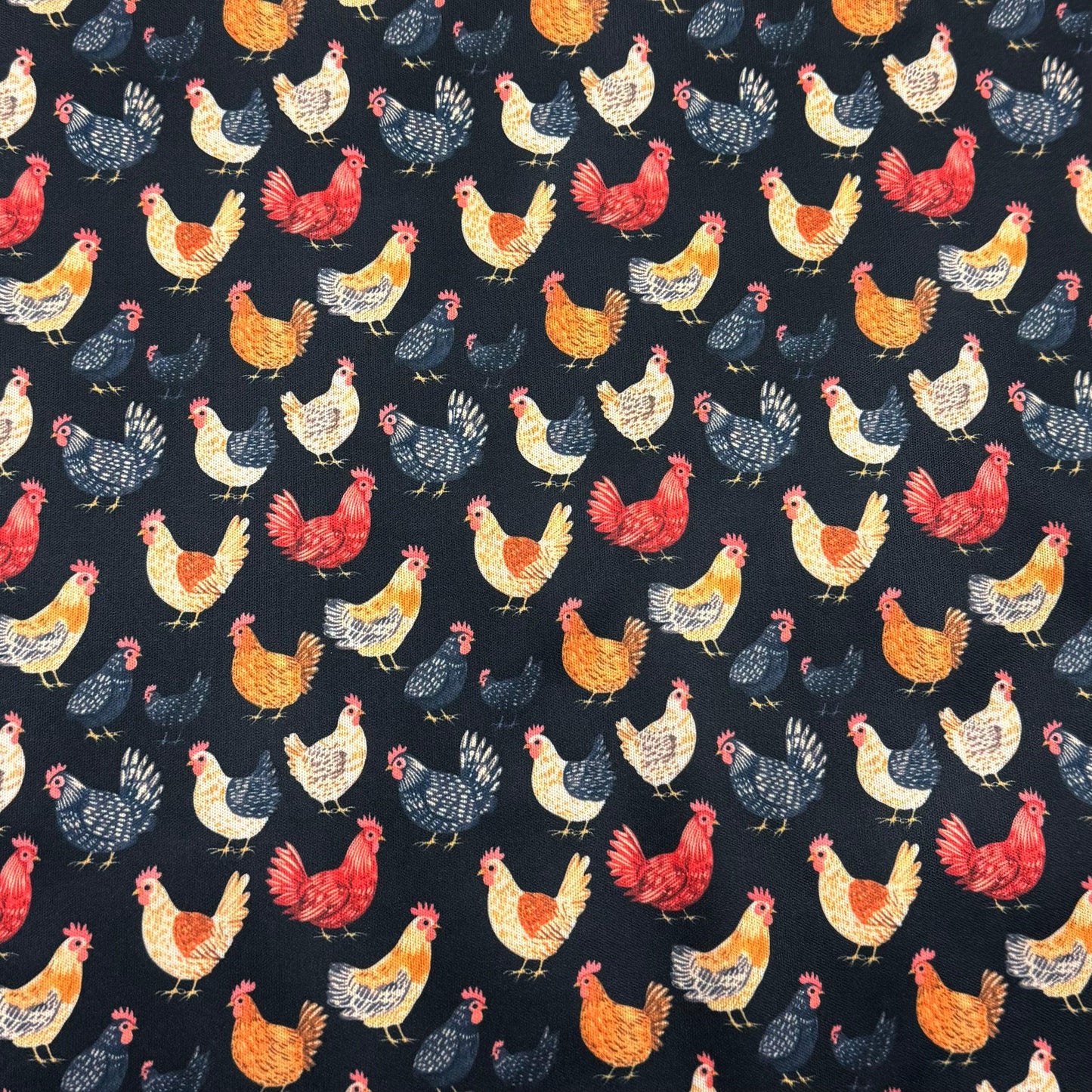 Chickens on Black 1 mil PUL Fabric - Made in the USA
