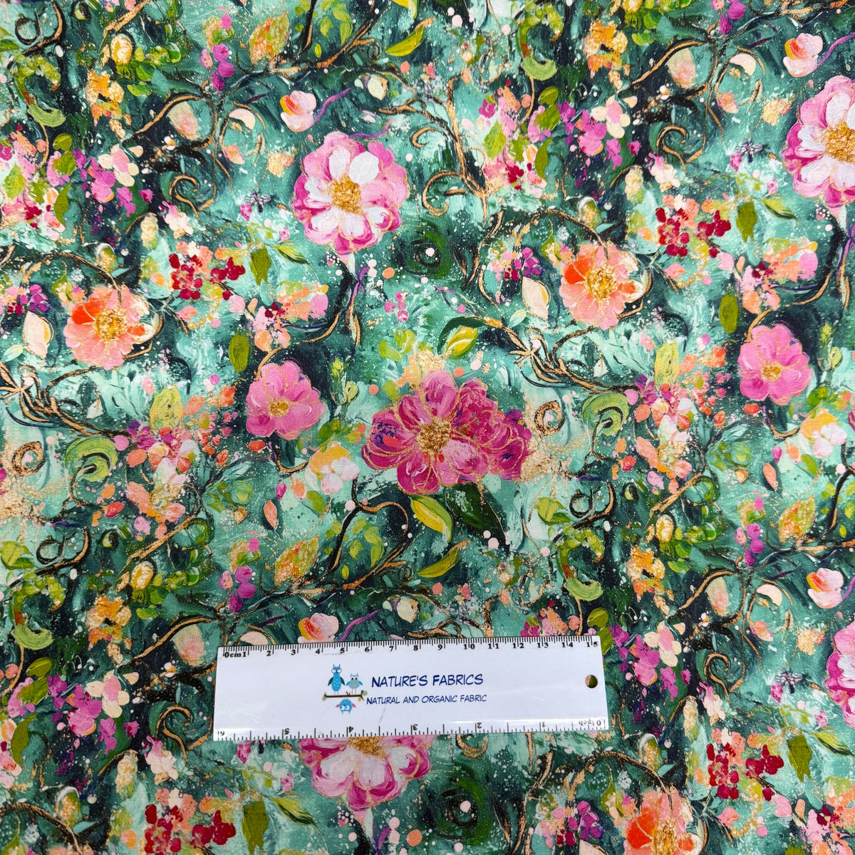 Pink Watercolor Roses on Green Bamboo/Spandex Jersey Fabrics