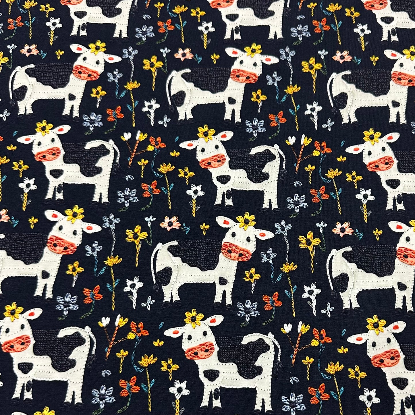 Appliqued Cows on Organic Cotton/Spandex Jersey Fabric